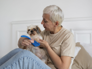 side-view-senior-woman-brushing-dog